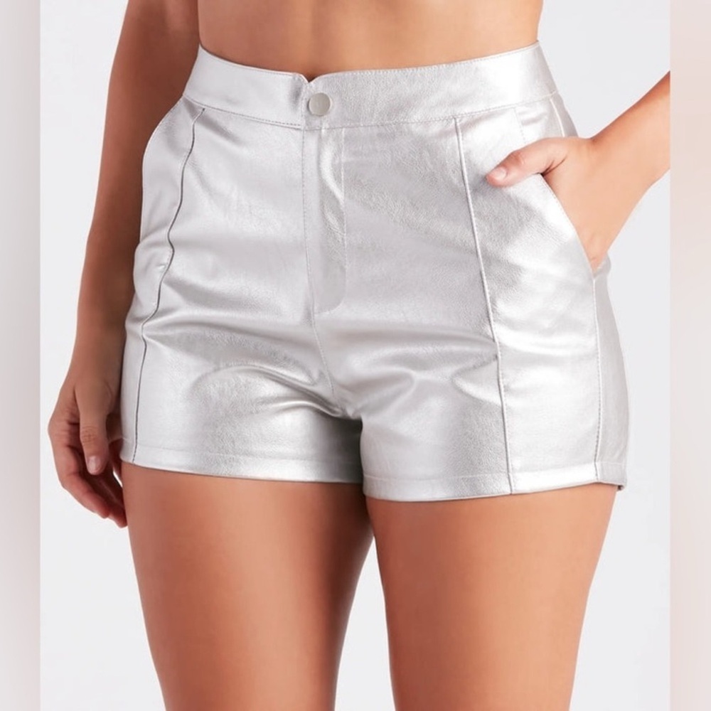 Metallic Faux Leather Cargo Shorts